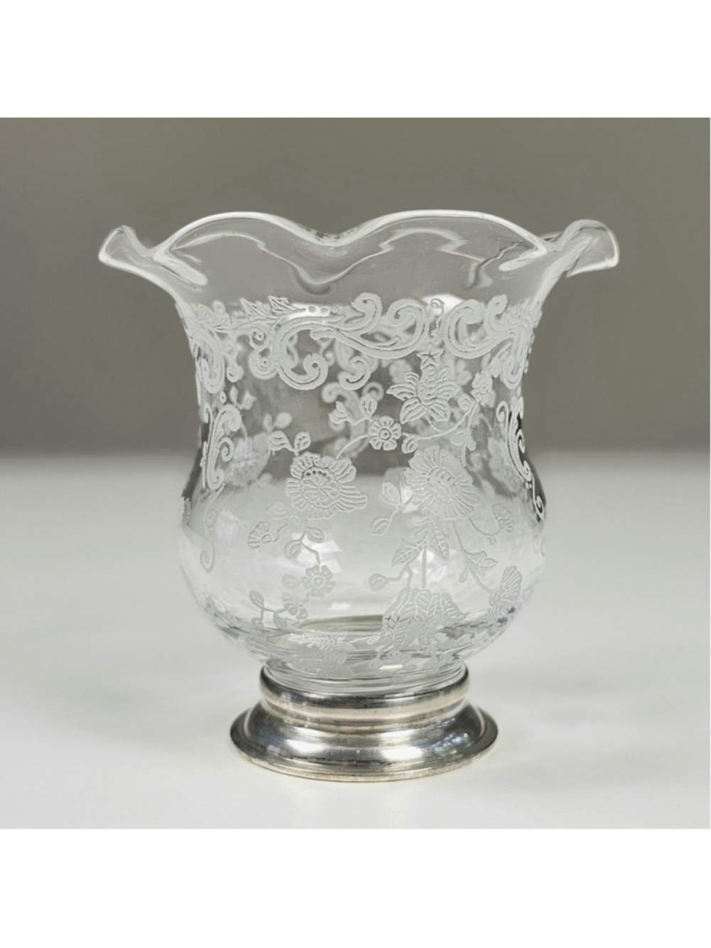 Vintage Cambridge Glass Chantilly Etched Urn Vase Weighted Sterling Silver Base